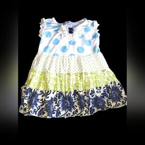 Adorable Sweetness Girls Blue White& Green Polka Dot Floral Tiered Dress